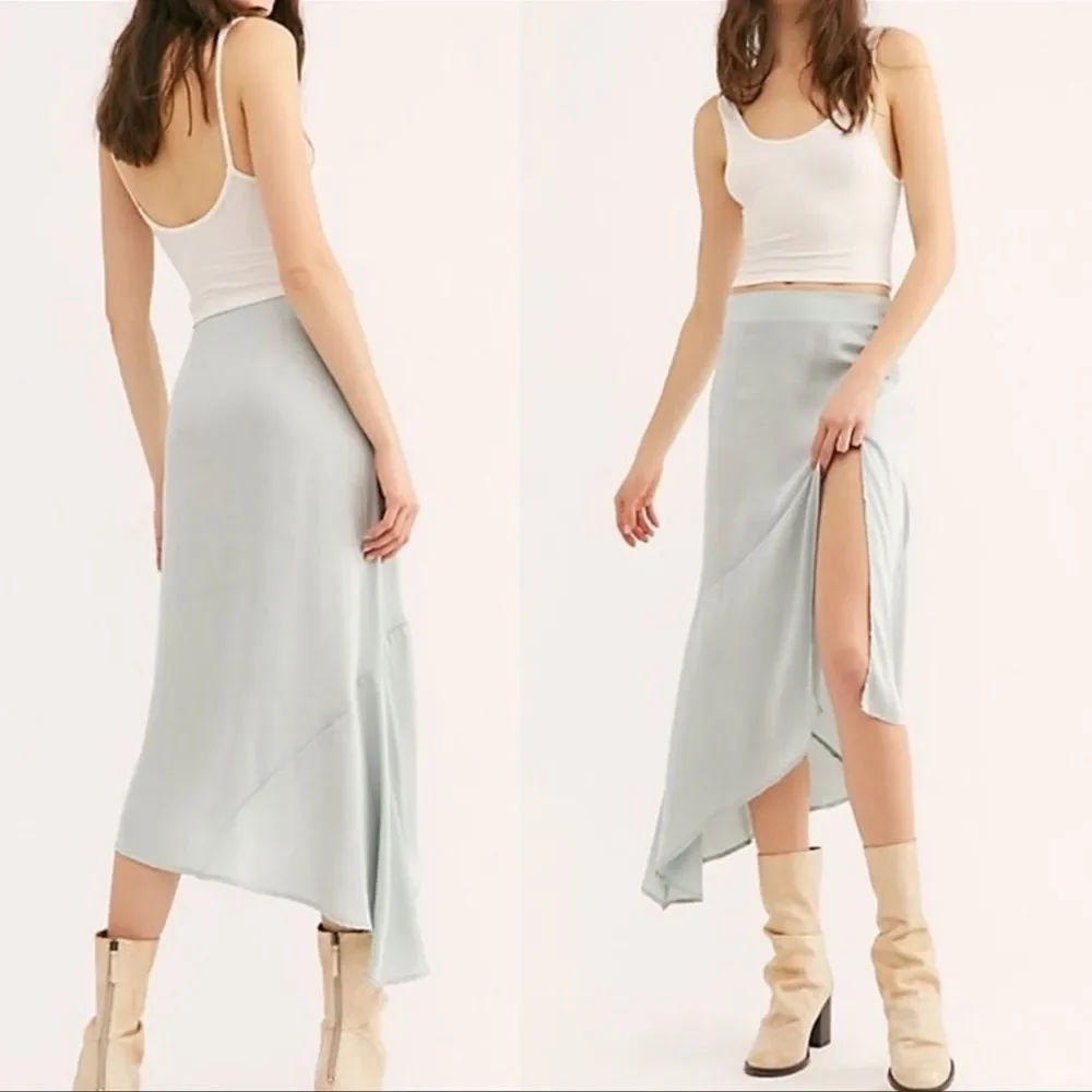 Free People Lola Asymmetrical Seafoam High Slit Ruffled Skirt Size 6
